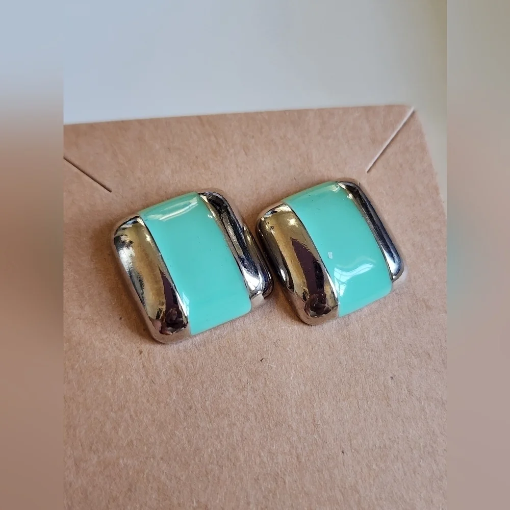 Vintage Avon Silver and Green Enamel Square Stud Earrings
